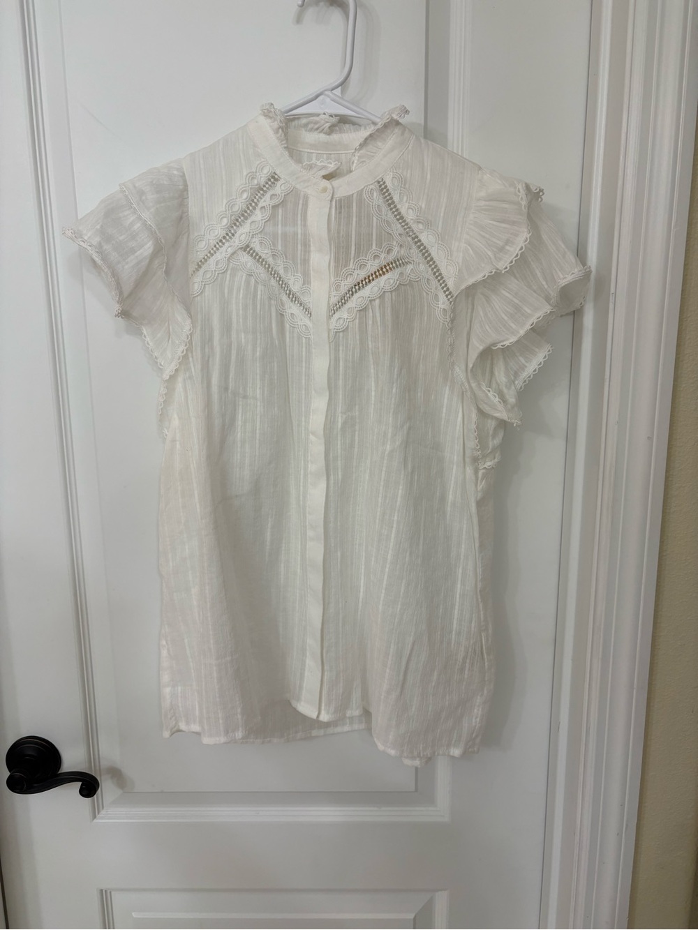 Suncoo Paris Lady Blouse Medium Ivory Organic Cotton Lace Ruffle NWT $119